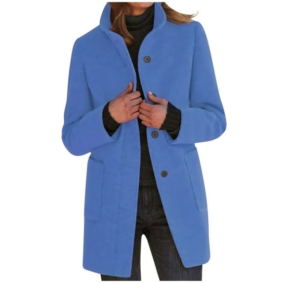 KBODIU Women 2023 Plaid Shacket Jacket Casual Button Trench Coat Vintage Lapel Open Front Mid-Long Jacket Overcoat Cardigan Outwear Solid Classic-Fit Warm Pea Coats Sky Blue L