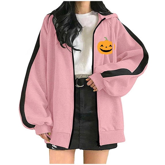 KBODIU Women Oversized Zip Up Hoodies Sweatshirts Teen Girl Casual Fleecing Jackets with Pockets Plus Size Long Sleeve Halloween Pumpkin/Ghost Print Winter Coats Fashion Outfit