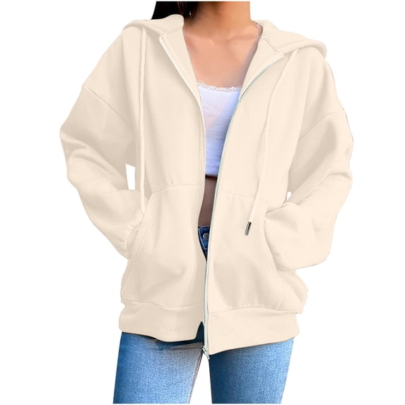 KBODIU Women Zip Up Hoodies Girls Oversized Sweatshirt Y2K Clothing Cute Fall Casual Drawstring Jacket with Pockets Women Winter Fleece Thicken Coats Outerwear with Pockets