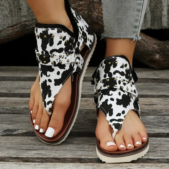 KBODIU Women's Arch Support Sandals Orthotic Adjustable Flat Sandals Women Cow Leopard Print Clip-Toe Zipper Comfy Flats Casual Beach Sandals