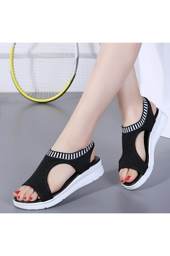 Women's Athletic Hiking Sandals Walking Sandals with Arch Support, Wadable Water Sandals Fish Mouth Sandals Large Size Flying Wedge Sports Sandals for Beach/Cruise/Travel Black 38