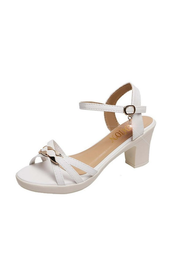 Women's Chunk Low Heel Pump Sandals Women's Casual Round-toe Sandals Middle Heel Metal Buckle Sandals