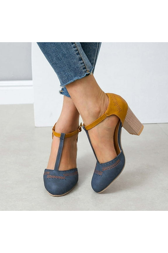 Women's Chunk Low Heel Pump Sandals Women's Large Size Breathable Single Shoe Hollowed Out Chunky Heel Heeled Sandals