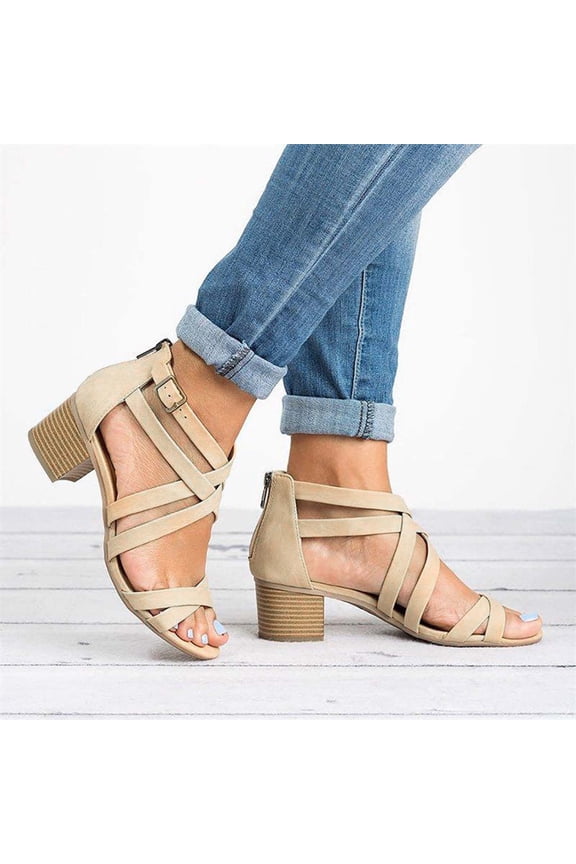 Women's Chunk Low Heel Pump Sandals Womens Middle Heels Hollow Out Ankle Strap Sandals Casual Sandals