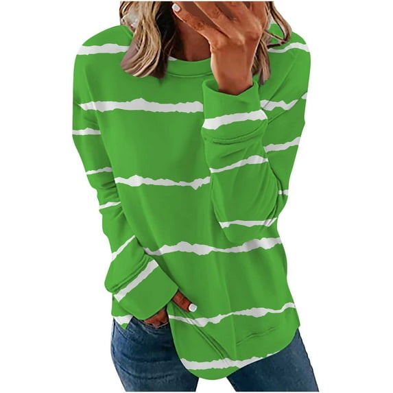 KBODIU Women's Classic Stripe Print Pullover Tops Oversized Casual Basic Long Sleeves Tunic Tops Round Neck Loose Fit Blouses Fall Clothes Sweatshirts Plus Size