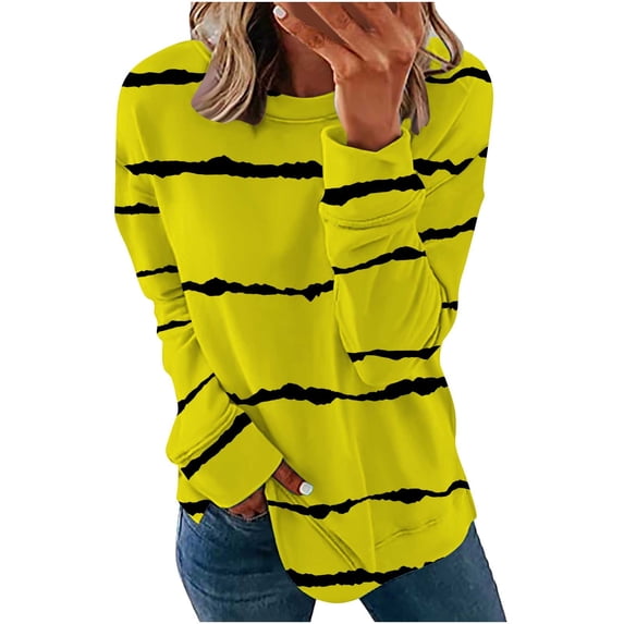 KBODIU Women's Classic Stripe Print Pullover Tops Oversized Casual Basic Long Sleeves Tunic Tops Round Neck Loose Fit Blouses Fall Clothes Sweatshirts Plus Size