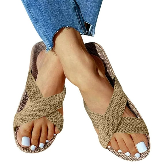 KBODIU Women's Flat Sandals Extremely Comfy Slides Sandals Fashion Casual Round Head Woven FlaxComfy Sandals Flat Bottom Beach Casual Shoes Non-Slip