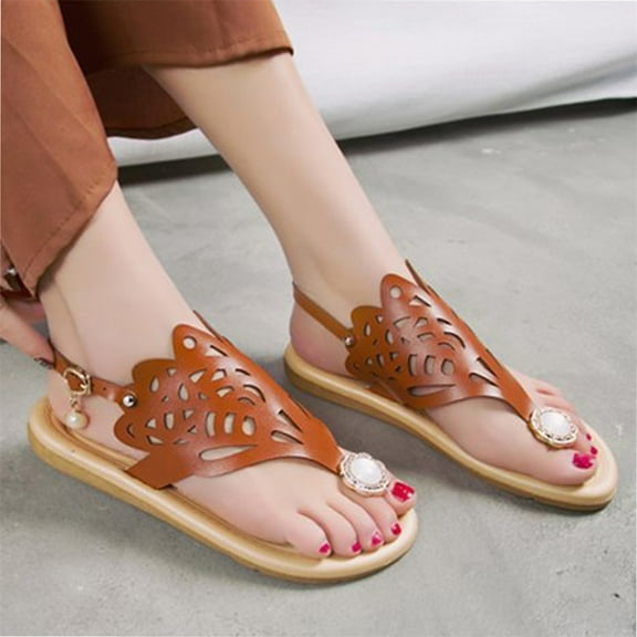 KBODIU Women's Hollow Sandals Summer Beach Flip-Flops Women Flat Slippers Brown 37