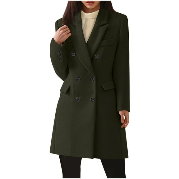 KBODIU Women's Lapel Long Sleeves Double Breasted Winter Long Wool Coat with Pockets