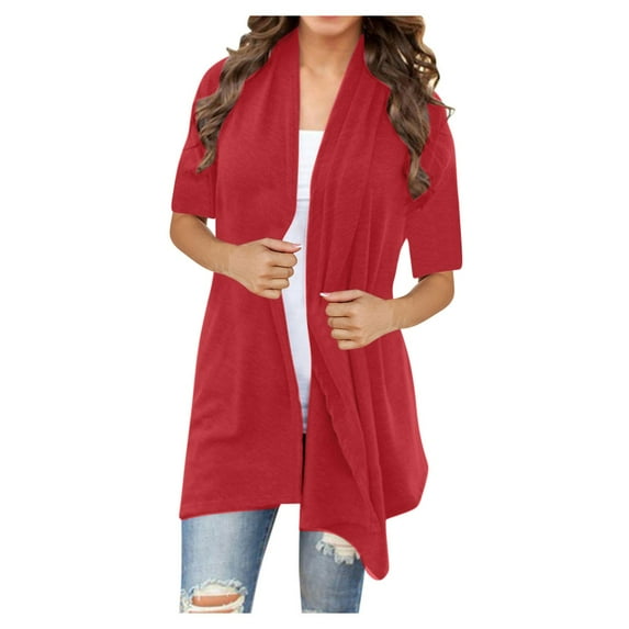 KBODIU Women's Open Front Cardigan Coat Short Sleeve Loose Open Front Sweater Coat Draped Lightweight Breathable Fall Cardigan Jackets Red XL