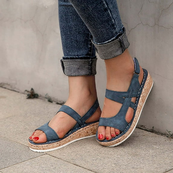 KBODIU Women's Open Toe Buckle Ankle Platform Wedge Sandals Flat Wedge Heel Casual Buckle Solid Color Fish Mouth Female Sandals