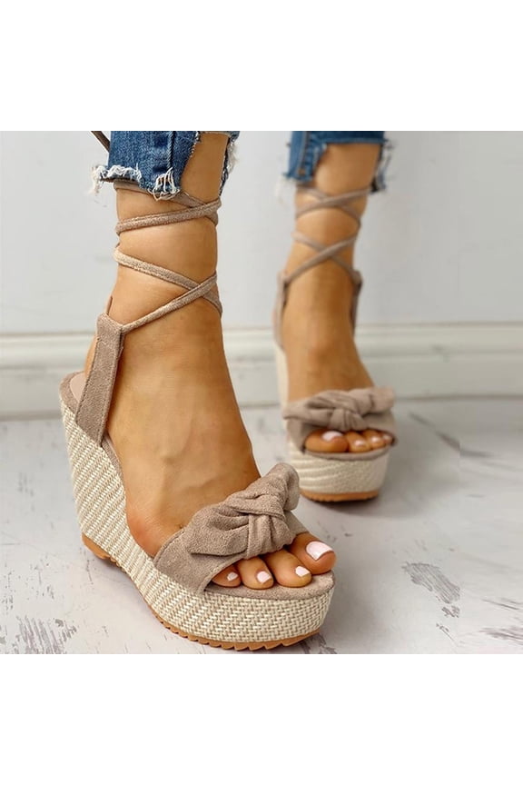 Women's Open Toe Buckle Ankle Platform Wedge Sandals Women Solid Color Bowknot Bandage Comfy Sandals Slope Heeled Beach Casual Sandals