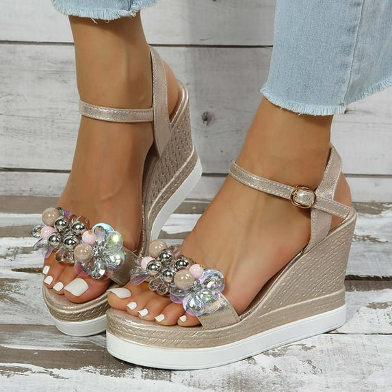 KBODIU Women's Open Toe Buckle Ankle Platform Wedge Sandals Women's Open Toe Casual Rhinestone Comfortable Platform Wedge Sandals