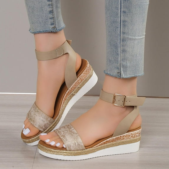KBODIU Women's Open Toe Buckle Ankle Platform Wedge Sandals Women's Slope Heel One Line Buckle Mules Middle Heel Slippers Roman Sandals