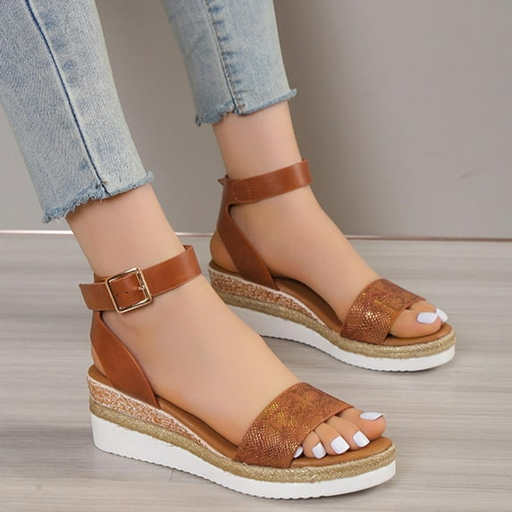KBODIU Women's Open Toe Buckle Ankle Platform Wedge Sandals Women's Slope Heel One Line Buckle Mules Middle Heel Slippers Roman Sandals