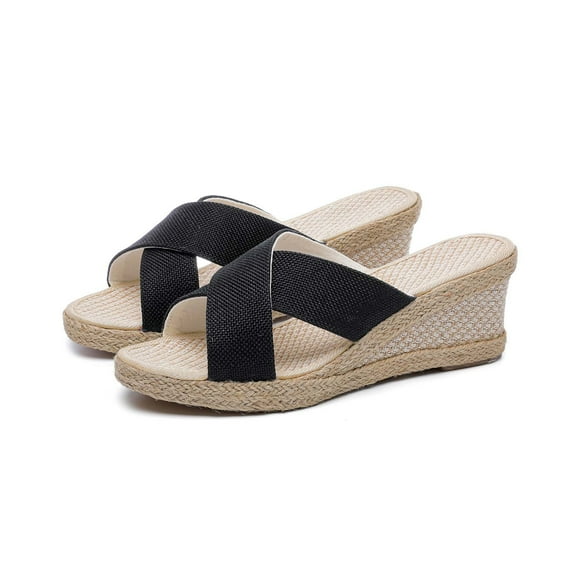 KBODIU Women's Platform Wedge Sandals with Arch Support High Heels Shoes Linen Straw Sandals Wedges Casual Canvas Dress Slippers Summer Athletic Outdoor Beach Sandals