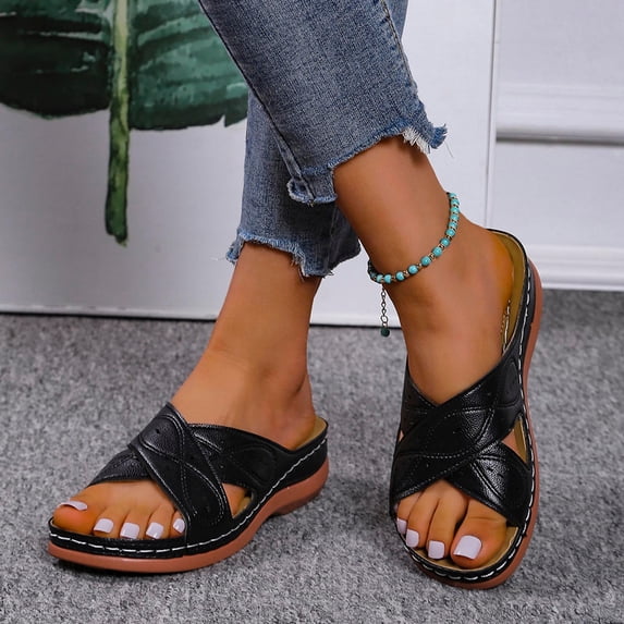 KBODIU Women's Platform Wedge Sandals with Arch Support Sandals Car Stitched Thick Bottom Cross Wedge Half Slippers Summer Athletic Outdoor Beach Sandals