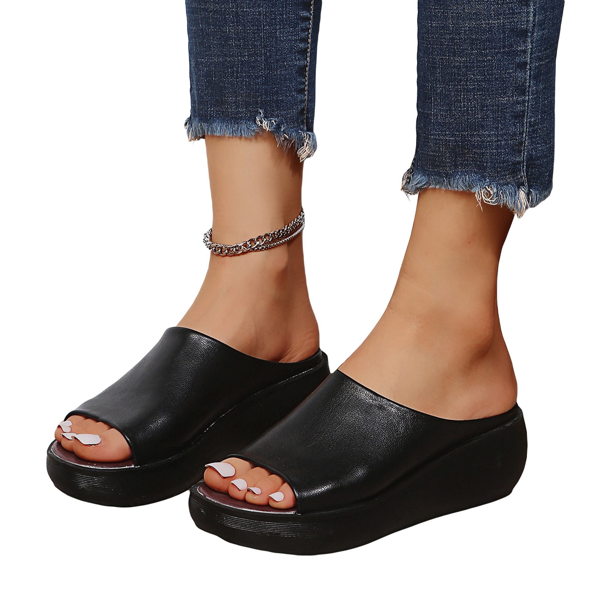 KBODIU Women's Sandals, Women Orthopedic Sandals with Arch Support Flat Thick Soled Fashion Casual Roman Sandals Summer Beach Sandals Wedge Shoes Black 39