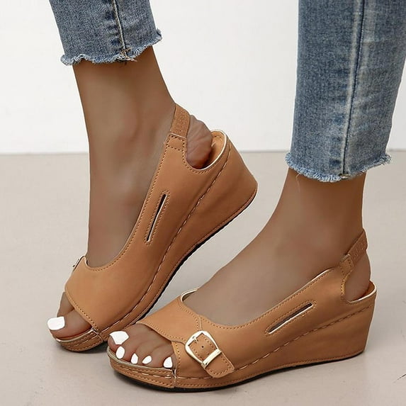 KBODIU Women's Sandals, Women Orthopedic Sandals with Arch Support Vintage Buckle Wedge Heel Open Toe Low Fish Mouth Roman Sandals Summer Beach Sandals Wedge Shoes Khaki 37