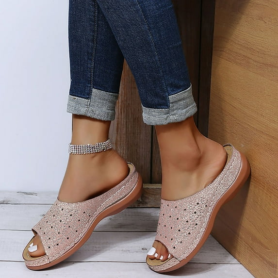 KBODIU Women's Sandals, Women Orthopedic Sandals with Arch Support Wedge Heel Slippers Sandals Casual Thick Bottom Carved Summer Beach Sandals Wedge Shoes Pink 39