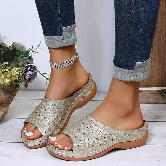 KBODIU Women's Sandals, Women Orthopedic Sandals with Arch Support Wedge Heel Slippers Sandals Casual Thick Bottom Carved Summer Beach Sandals Wedge Shoes Gold 39