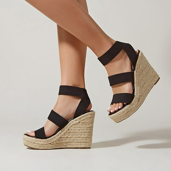 KBODIU Women's Wedge Heels, Women Wide Width Heels Sandals Casual Peep Toe Wedges Super High Heels Fashion Elastic Lace-up Sandals Wedding Heels Prom Heels Dress Shoes Black 42