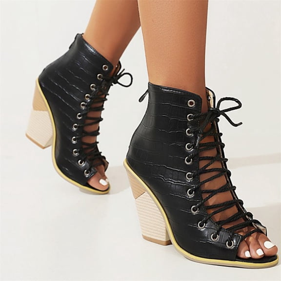KBODIU Women's Wedge Heels, Women Wide Width Heels Sandals Non-slip Thick High Heels Casual Lace-up Pointed Toe Sandals Serpentine Boots Wedding Heels Prom Heels Dress Shoes Black 37