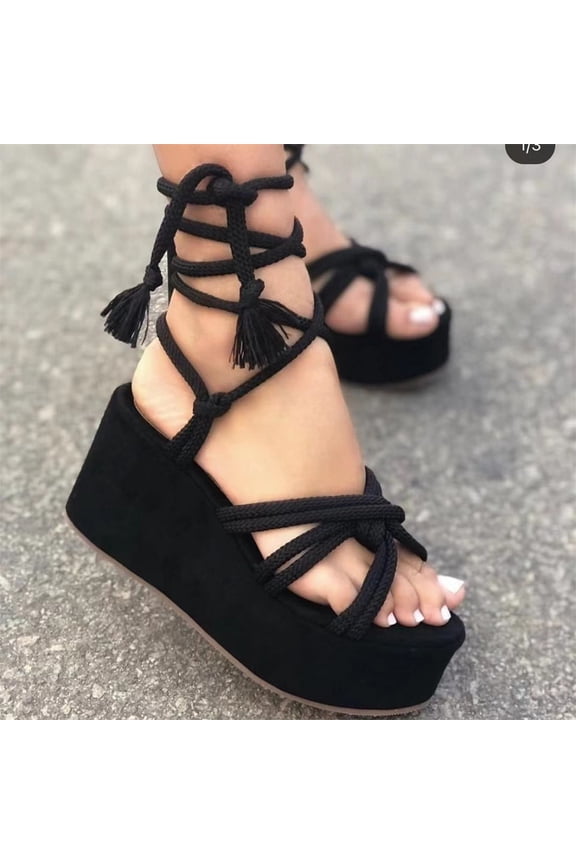 Women's Wedge Sandals Flat Bottom Slope Heel Wrap And Crossed Hemp Rope Sandals Black 37