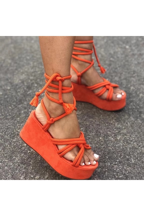 Women's Wedge Sandals Flat Bottom Slope Heel Wrap And Crossed Hemp Rope Sandals Orange 43
