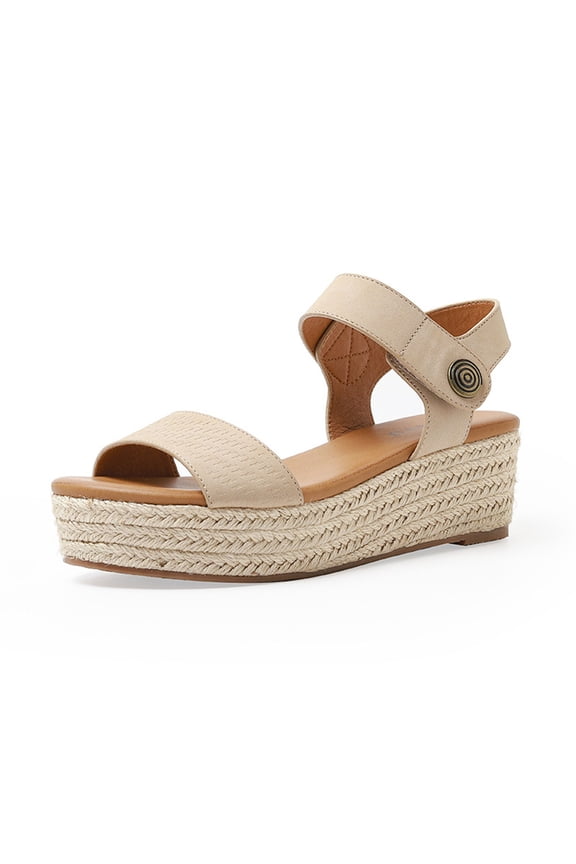 Women's Wedge Sandals Straw Platform Open Toe Anti-Slip Hemp Rope Sandals Beige 35
