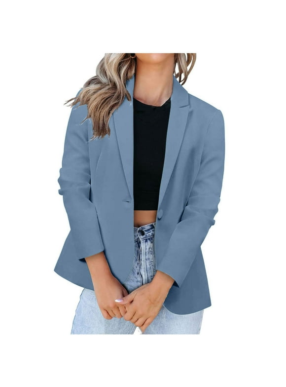 Womens Casual Blazer Jacket Pockets Long Sleeve Open Front Work Office Blazer Turn Down Collar Button Jacket Casual Coat Cardigan Blazer Light Blue XL