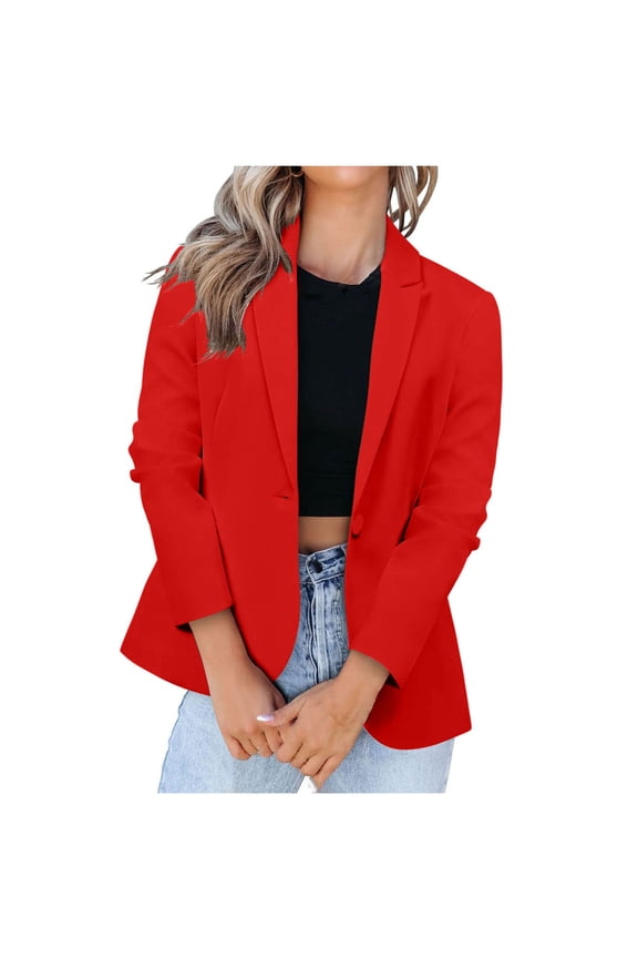 Womens Casual Blazer Jacket Pockets Long Sleeve Open Front Work Office Blazer Turn Down Collar Button Jacket Casual Coat Cardigan Blazer Red L