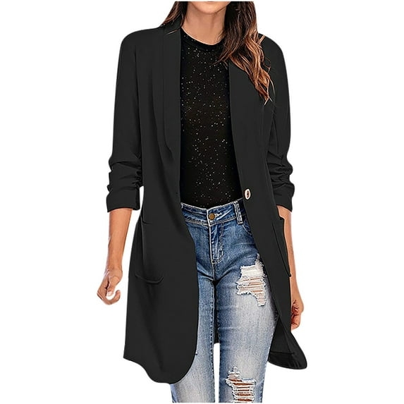 KBODIU Womens Casual Blazer Jacket Pockets Long Sleeve Open Front Work Office Blazer Turn Down Collar Button Jacket Casual Coat Cardigan Blazer Fashion Dressy Business Outfits