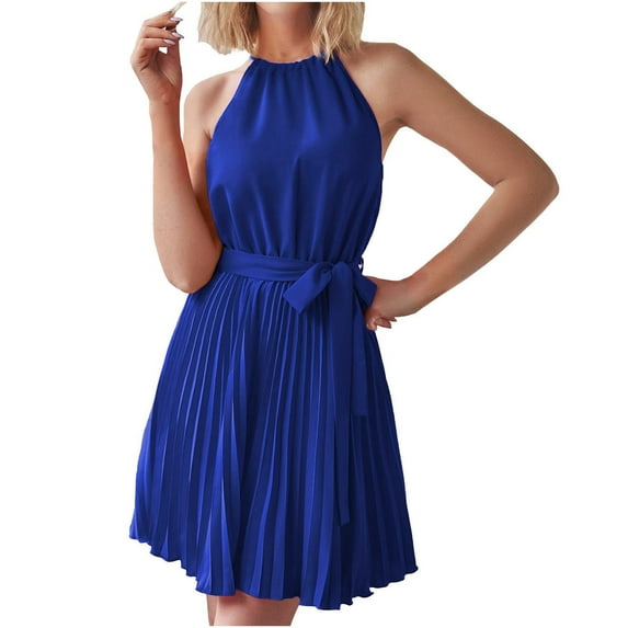 KBODIU Womens Dresses Casual Halter Neck A-Line Dress Sleeveless Belted Swing Pleated Cocktail Party Beach Mini Birthday Mothers Day Gifts Summer Dresses for Women 2023 Blue S