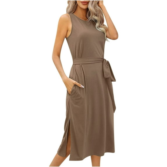 KBODIU Womens Dresses Solid Sleeveless Round Neck Backless Casual Birthday Mothers Day Gifts Summer Dresses for Women 2023 Khaki M