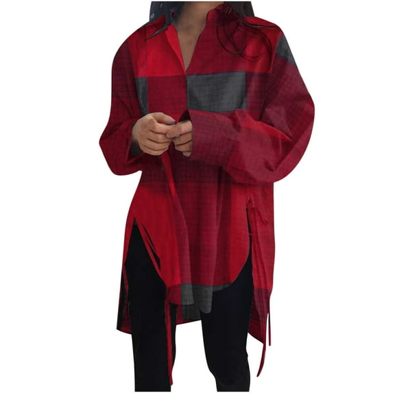 KBODIU Womens Oversized Loose Shirts V-neck Long Sleeve Short Front Long Back Lace-up Slim Shirts Cardigans Boyfriend Blouses Tops Plus Size