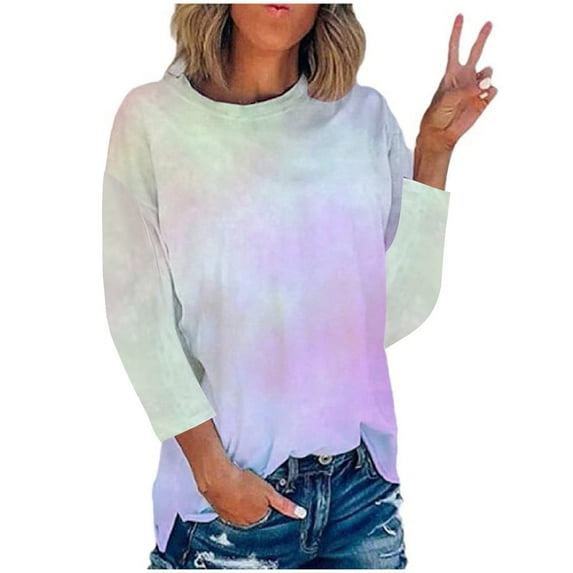 KBODIU Womens Plus Size T-Shirts Gradient Tie-Dye Print Casual Blouses Tops Oversized 3/4 Sleeve Round Neck Loose Fit Blouses Fall Clothes Basic Pullover