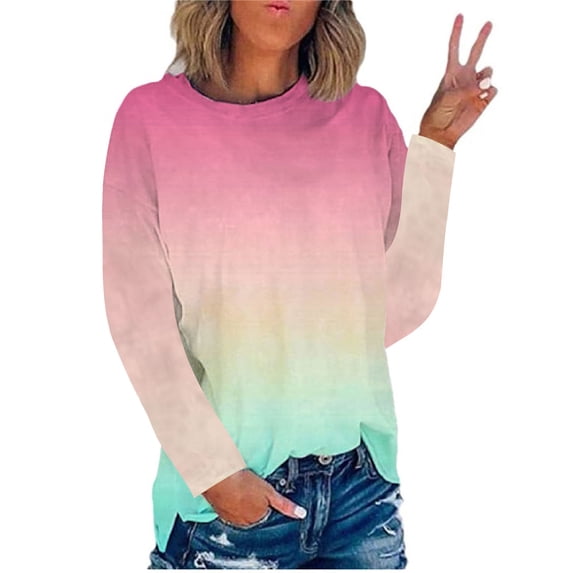 KBODIU Womens Plus Size T-Shirts Gradient Tie-Dye Print Casual Blouses Tops Oversized Long Sleeve Round Neck Loose Fit Blouses Fall Basic Pullover Sweatshirts