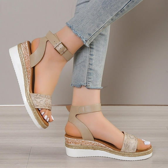 KBODIU Womens Sandals Mothers Day Gifts One Line Buckle Mules Roman Wedge Platform Sandals for Women Dressy Summer Khaki 37
