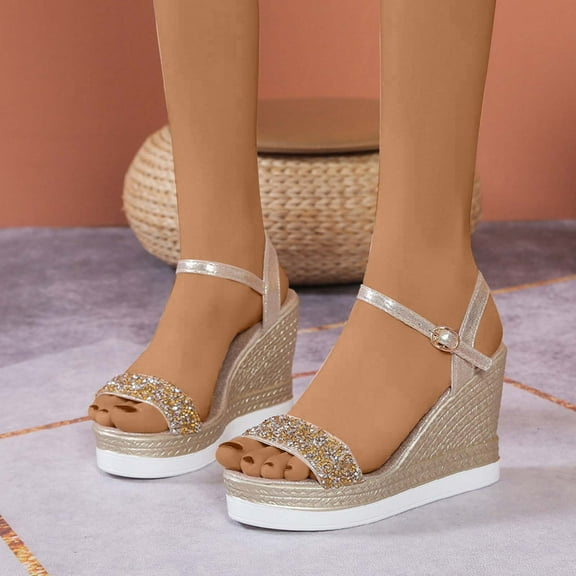 KBODIU Womens Sandals Mothers Day Gifts Open Toe Casual Rhinestone Comfortable Wedge Platform Sandals for Women Dressy Summer Gold 36