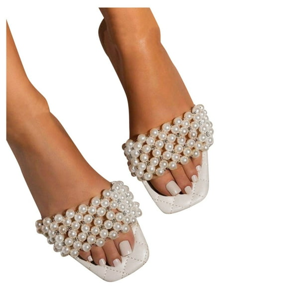 KBODIU Womens Sandals Mothers Day Gifts Pearl Decorated Strappy Slippers Casual Flat Sandals for Women Dressy Summer White 41