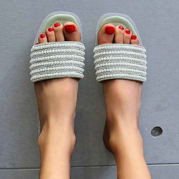 KBODIU Womens Sandals Mothers Day Gifts Solid Color Sequin Pearl Strappy Slippers Flat Sandals for Women Dressy Summer Green 39
