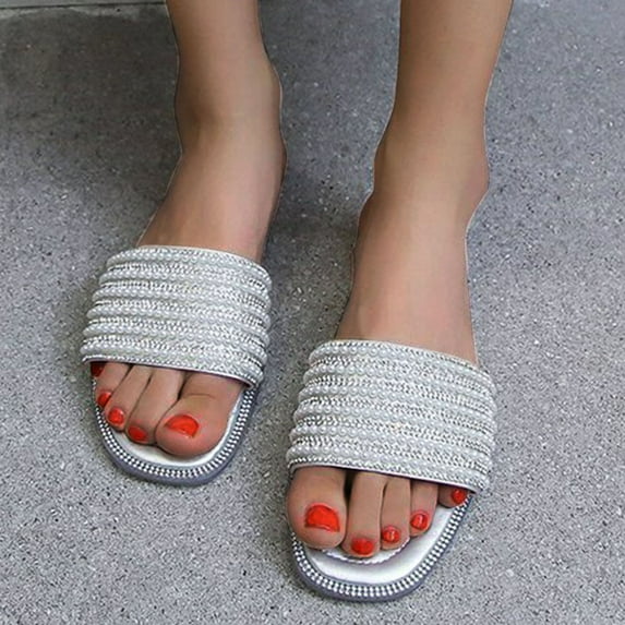 KBODIU Womens Sandals Mothers Day Gifts Solid Color Sequin Pearl Strappy Slippers Flat Sandals for Women Dressy Summer Silver 37
