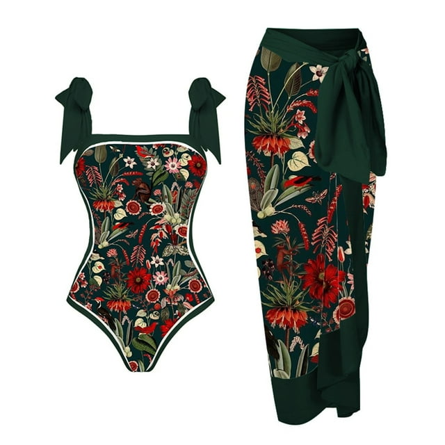 KBODIU Womens Swimsuits Vintage Floral One Piece Tie Shoulder Monokini Tummy Control Bathing Suits Square Neck Swimwear Bikini Sets for Women B 3XL