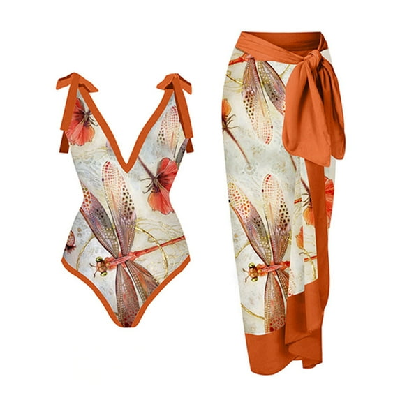 KBODIU Womens Swimsuits Vintage Floral One Piece Tie Shoulder Monokini Tummy Control Bathing Suits V Neck Swimwear Bikini Sets for Women Orange B XL