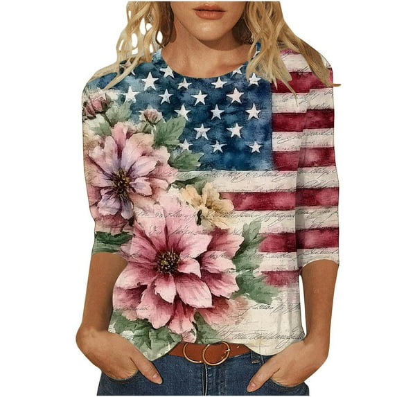 KBODIU Womens Tops Casual Plus Size Blouse for Work Office Work Shirts Button Print V-Neck 3/4 Sleeve Fitting Tops, Tees, Blouses Fall Clothes Plus Size