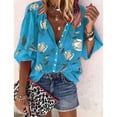 thumbnail image 1 of KBODIU Womens Tops Printed Cropped Stand Collar Loose Casual 3/4 Sleeve Shirts Summer Tops for Women Mothers Day Gifts Blue XL, 1 of 1