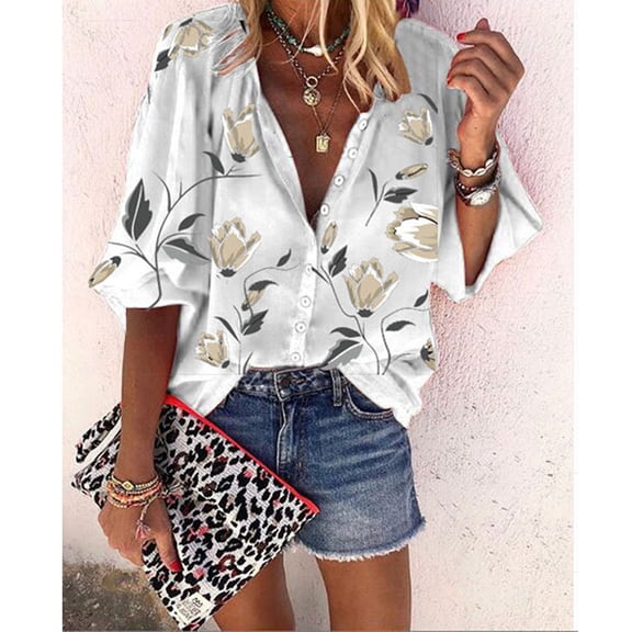 KBODIU Womens Tops Printed Cropped Stand Collar Loose Casual 3/4 Sleeve Shirts Summer Tops for Women Mothers Day Gifts White M