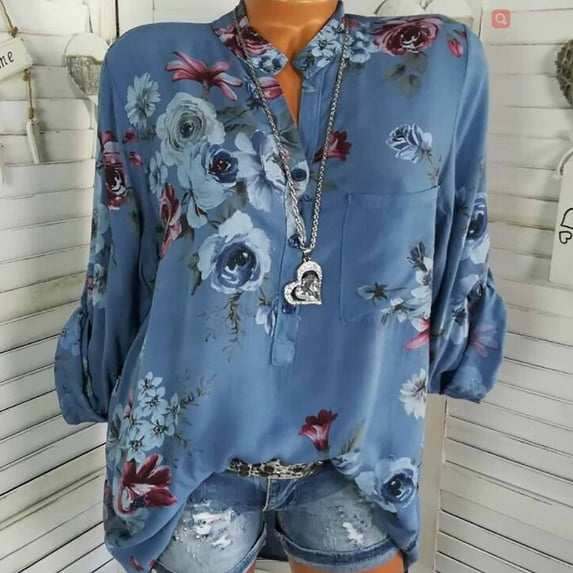 KBODIU Womens Tops, Womens Plus Size Tops, Women Casual Tops, Women's Floral Flower Print Pullover Button Casual Bottom Blouses Tops Blue 5XL