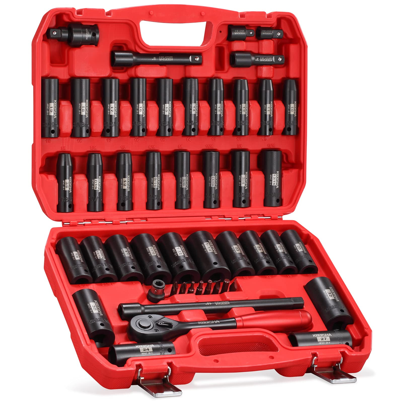 KBOISHA 1/2" Drive Impact Socket Set,48-Piece 6 Point Deep Socket Set Standard SAE and Metric CR-V Steel Sockets with Bit Adapter & Ratchet Handle